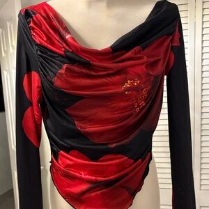 Elegant Red Floral Long Sleeve Top